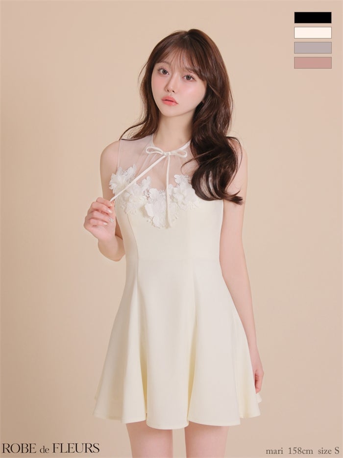 ROBE de FLEURS ローブドフルール 【XSサイズあり】フラワーレースリボンフレアミニキャバドレス fm4911