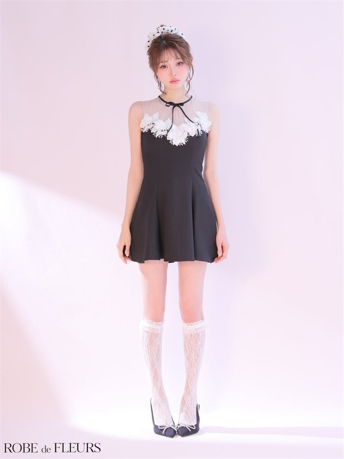ROBE de FLEURS ローブドフルール 【XSサイズあり】フラワーレースリボンフレアミニキャバドレス fm4911