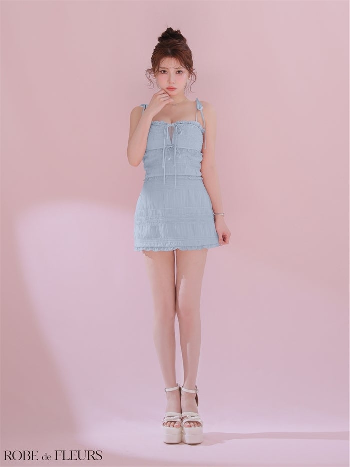 ROBE de FLEURS ローブドフルール 【XSサイズあり】 スパンコールギャザーリボンセットアップミニキャバドレス fm4366