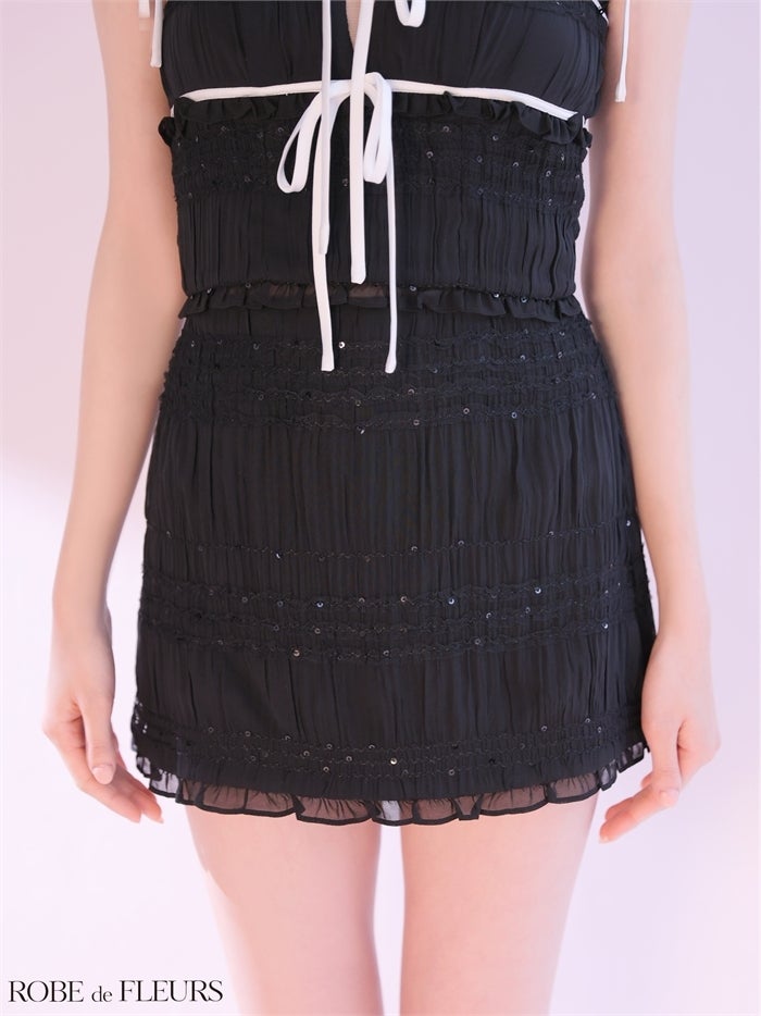 ROBE de FLEURS ローブドフルール 【XSサイズあり】 スパンコールギャザーリボンセットアップミニキャバドレス fm4366