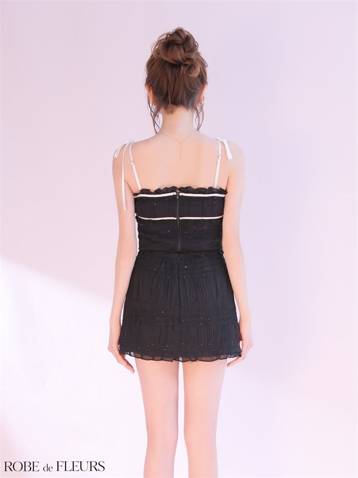 ROBE de FLEURS ローブドフルール 【XSサイズあり】 スパンコールギャザーリボンセットアップミニキャバドレス fm4366