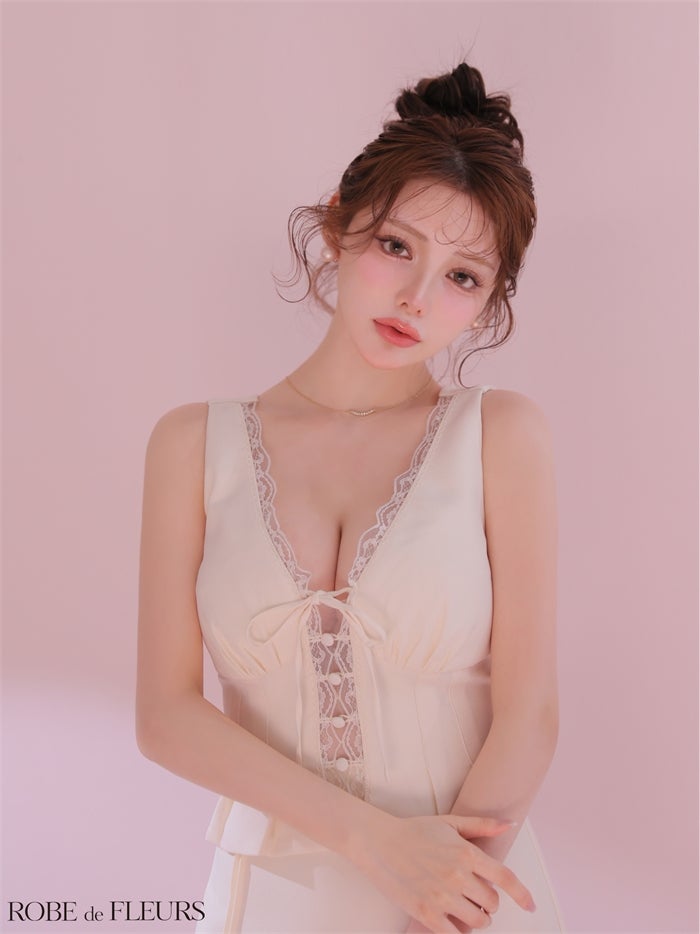 ROBE de FLEURS ローブドフルール 【XSサイズあり】 レースVネックリボンセットアップミニキャバドレス fm4191