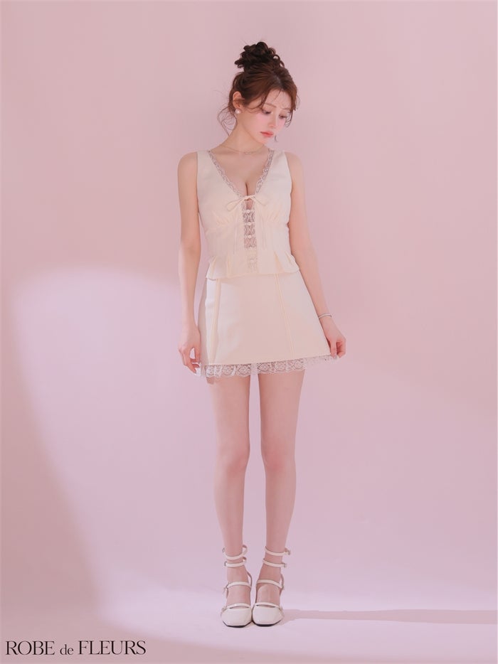 ROBE de FLEURS ローブドフルール 【XSサイズあり】 レースVネックリボンセットアップミニキャバドレス fm4191