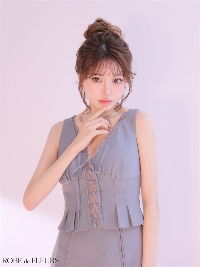 ROBE de FLEURS ローブドフルール 【XSサイズあり】 レースVネックリボンセットアップミニキャバドレス fm4191