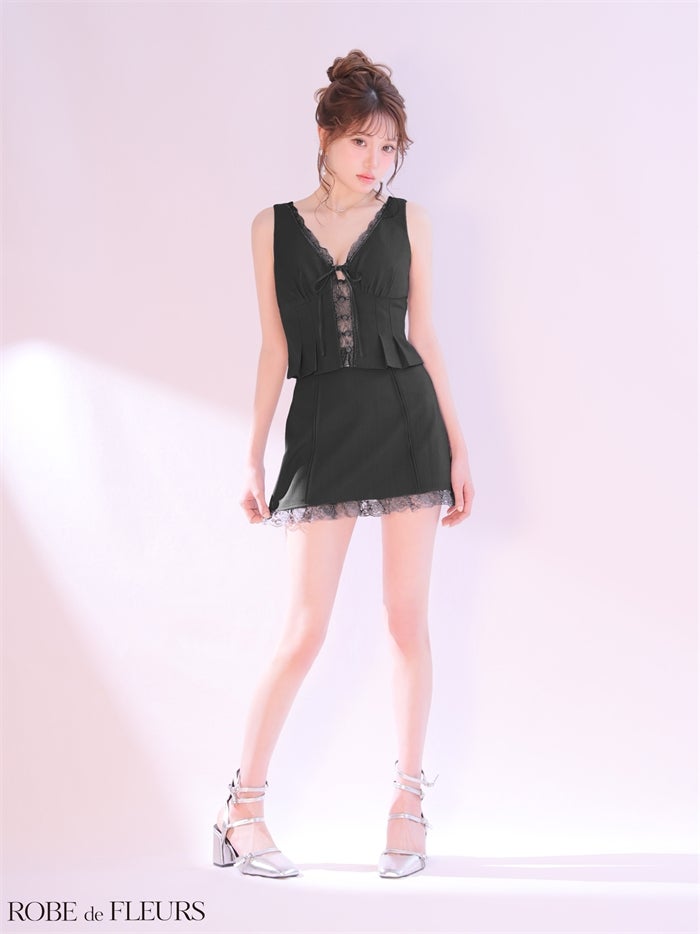 ROBE de FLEURS ローブドフルール 【XSサイズあり】 レースVネックリボンセットアップミニキャバドレス fm4191