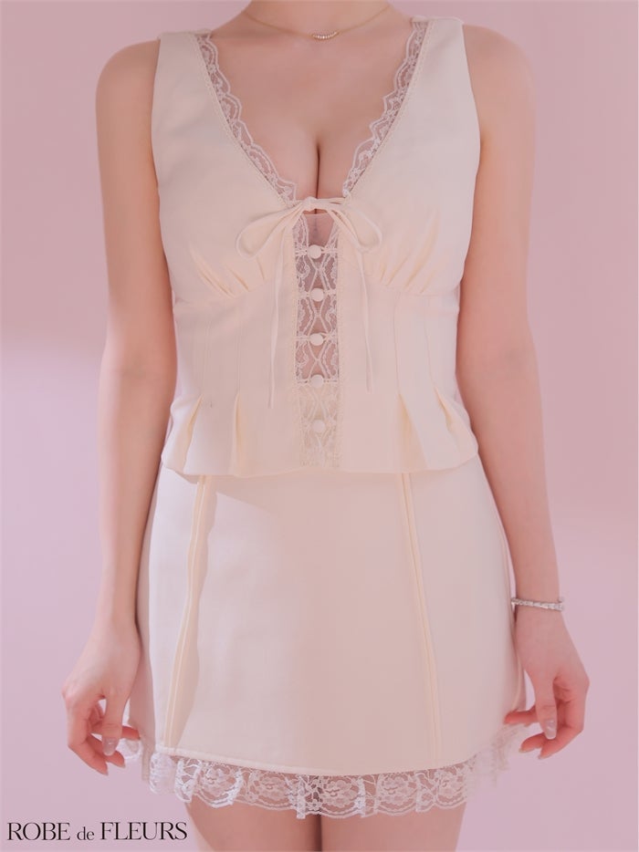 ROBE de FLEURS ローブドフルール 【XSサイズあり】 レースVネックリボンセットアップミニキャバドレス fm4191