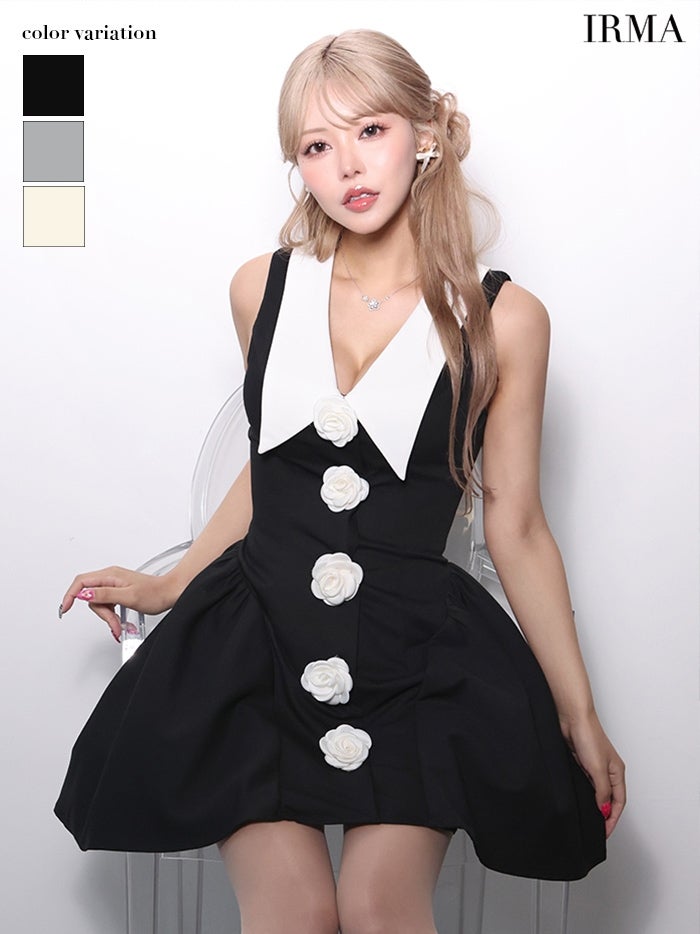 【7月下旬頃入荷予定】IRMA イルマ 襟付き/ドッキング/コサージュボタン/バイカラー/バルーンスカート/フレア ミニドレス ワンピース ir61071-c