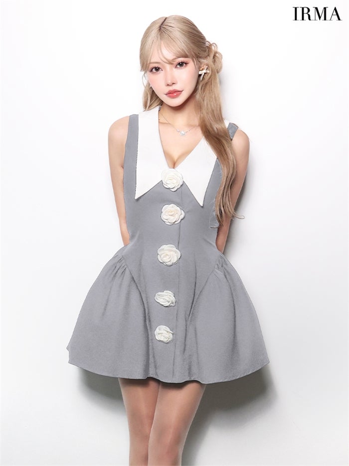 【7月下旬頃入荷予定】IRMA イルマ 襟付き/ドッキング/コサージュボタン/バイカラー/バルーンスカート/フレア ミニドレス ワンピース ir61071-c