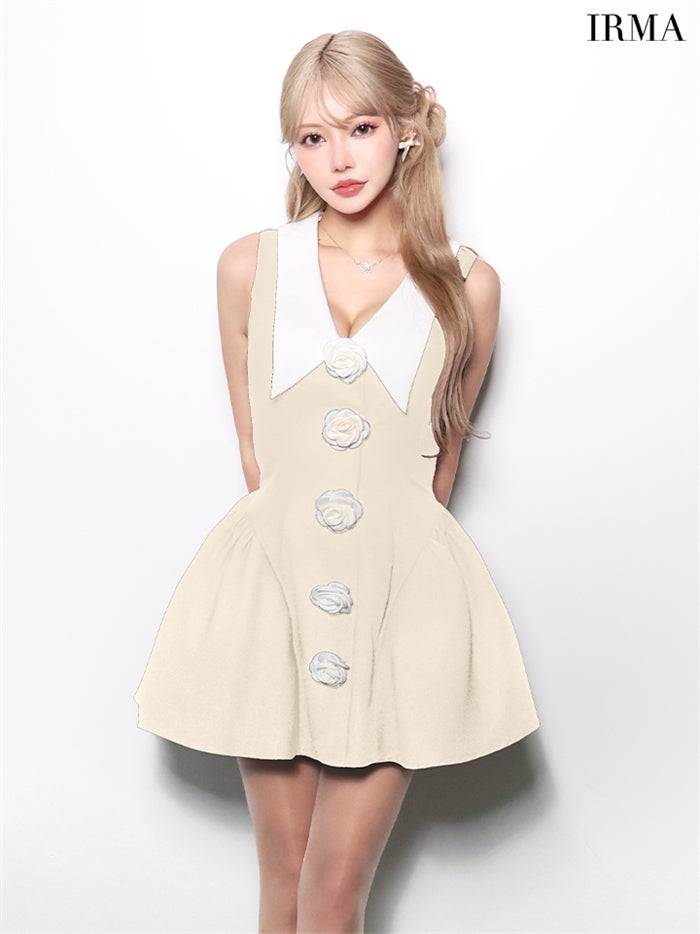 【7月下旬頃入荷予定】IRMA イルマ 襟付き/ドッキング/コサージュボタン/バイカラー/バルーンスカート/フレア ミニドレス ワンピース ir61071-c