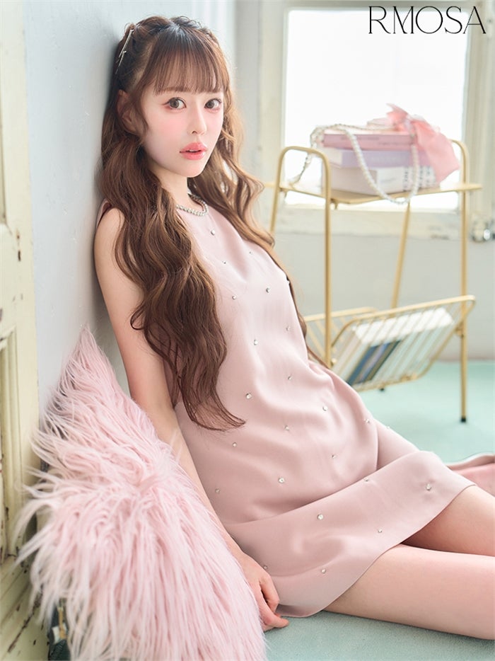  RMOSA ルモサ パールネックビジューAラインミニドレス ピンクベージュ キャバワンピ