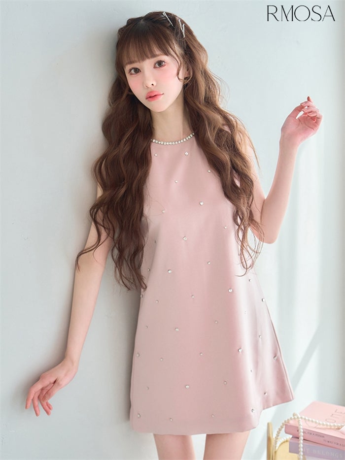  RMOSA ルモサ パールネックビジューAラインミニドレス ピンクベージュ キャバワンピ
