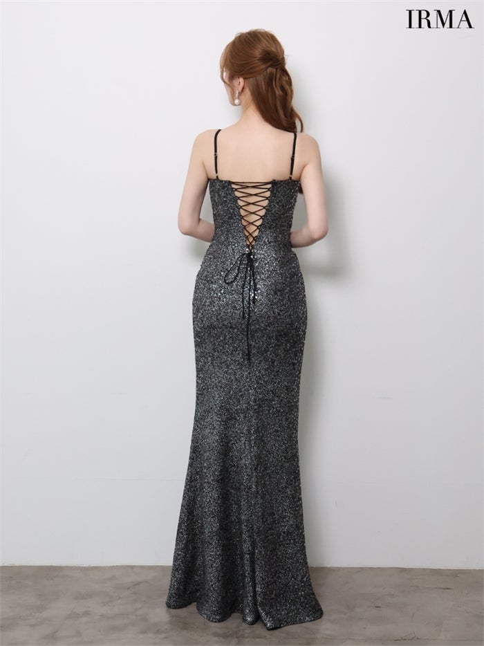 【5月下旬頃入荷予定】JEAN MACLEAN ニットスパンコール/レース/スリット入り/ロングドレス ir61143-c