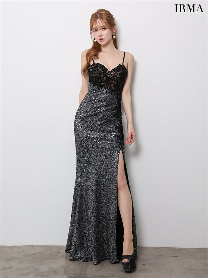 【5月下旬頃入荷予定】JEAN MACLEAN ニットスパンコール/レース/スリット入り/ロングドレス ir61143-c