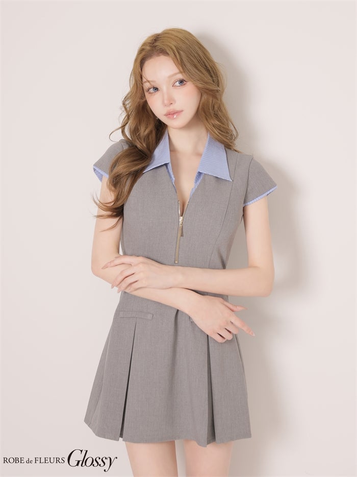 Glossy ローブドフルールグロッシー 【XS～Lサイズあり】シャツドッキングフロントジップミニキャバドレス gl4905-c