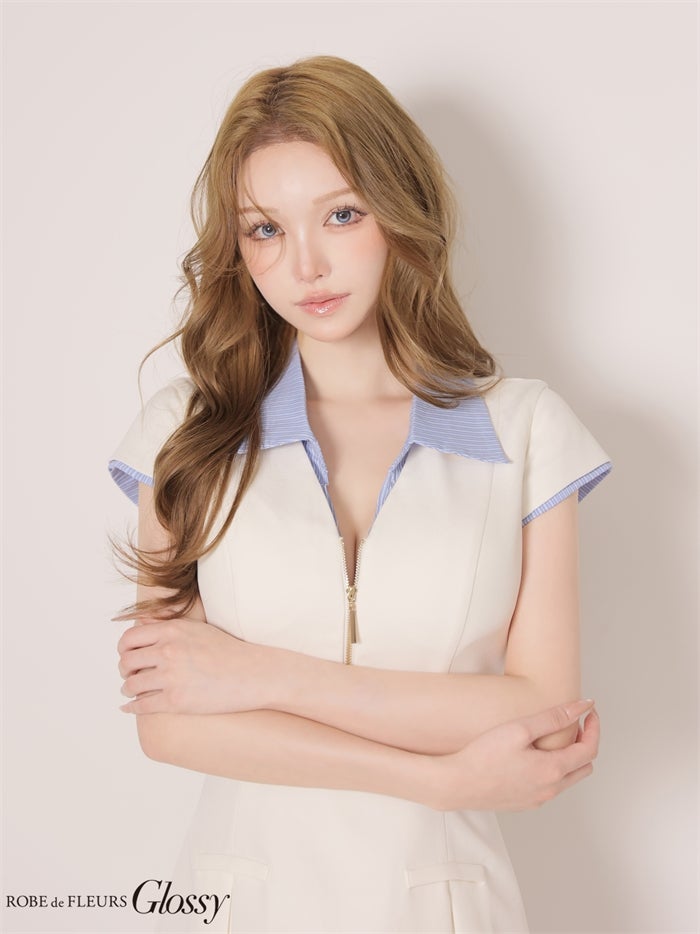 Glossy ローブドフルールグロッシー 【XS～Lサイズあり】シャツドッキングフロントジップミニキャバドレス gl4905-c