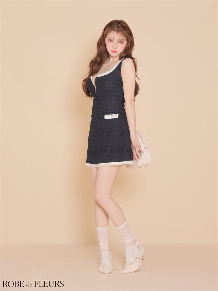 ROBE de FLEURS ローブドフルール 【XSサイズあり】 クロシェニットレース台形ミニキャバドレス fm4669-c