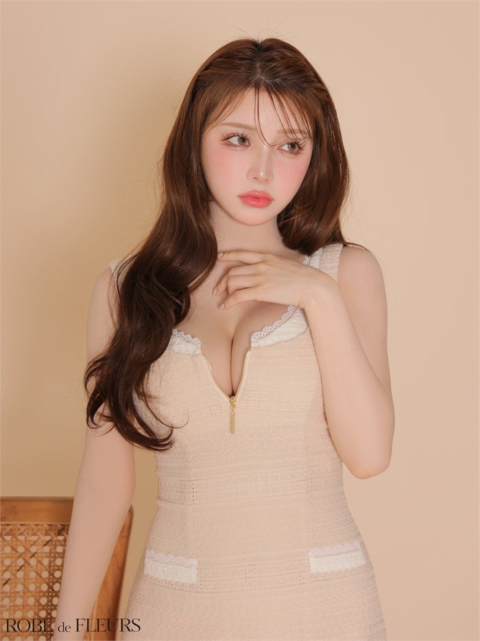 ROBE de FLEURS ローブドフルール 【XSサイズあり】 クロシェニットレース台形ミニキャバドレス fm4669-c