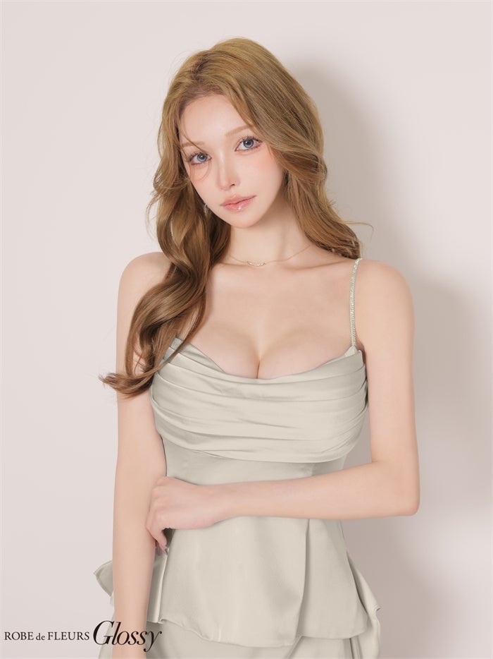 Glossy ローブドフルールグロッシー 【XSサイズあり】サテンフリルストーンショルダーセットアップミニキャバドレス gl4170-c