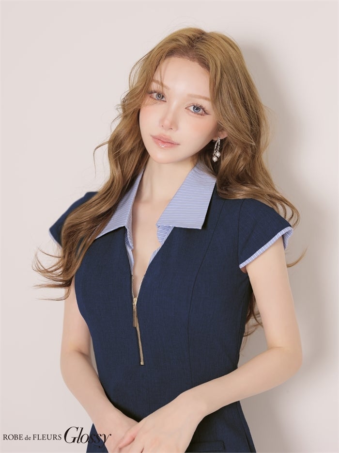Glossy ローブドフルールグロッシー 【XS～Lサイズあり】シャツドッキングフロントジップミニキャバドレス gl4905