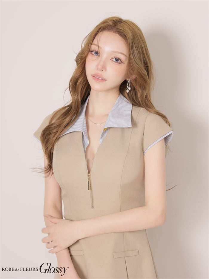 Glossy ローブドフルールグロッシー 【XS～Lサイズあり】シャツドッキングフロントジップミニキャバドレス gl4905
