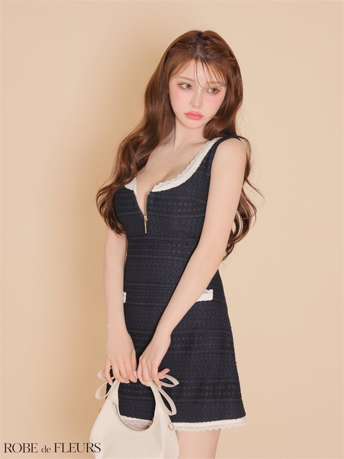ROBE de FLEURS ローブドフルール 【XSサイズあり】 クロシェニットレース台形ミニキャバドレス fm4669