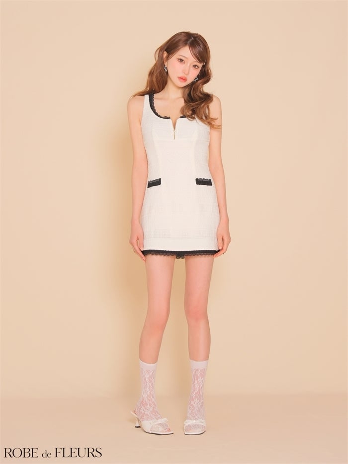 ROBE de FLEURS ローブドフルール 【XSサイズあり】 クロシェニットレース台形ミニキャバドレス fm4669