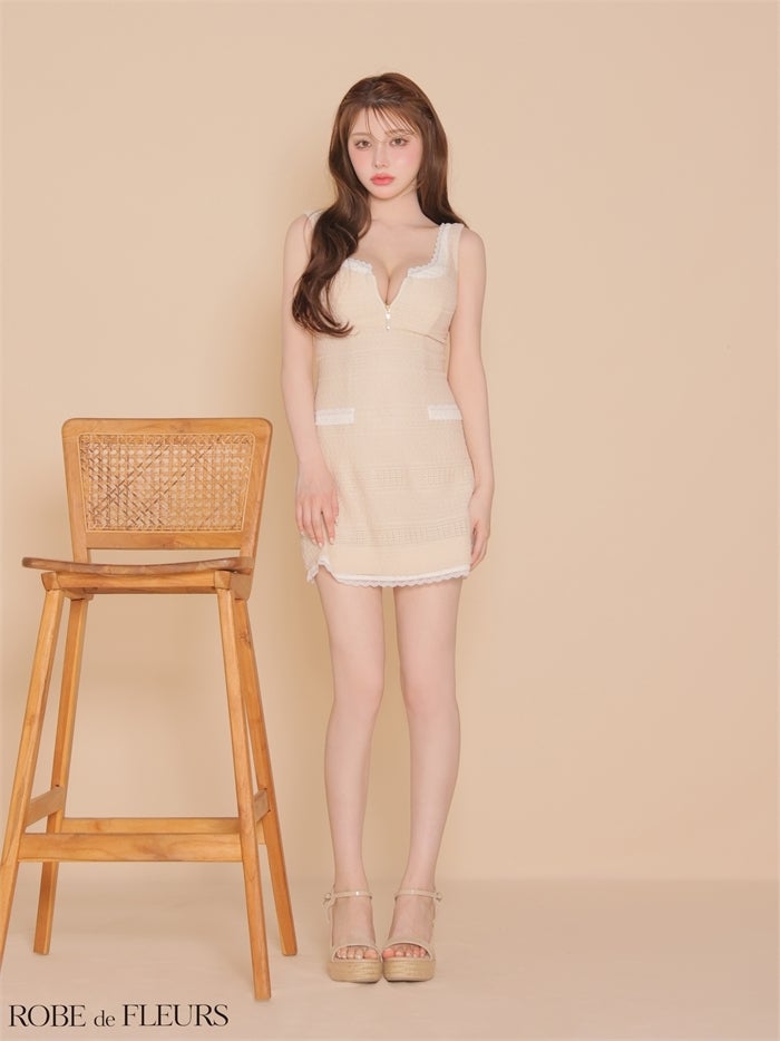 ROBE de FLEURS ローブドフルール 【XSサイズあり】 クロシェニットレース台形ミニキャバドレス fm4669