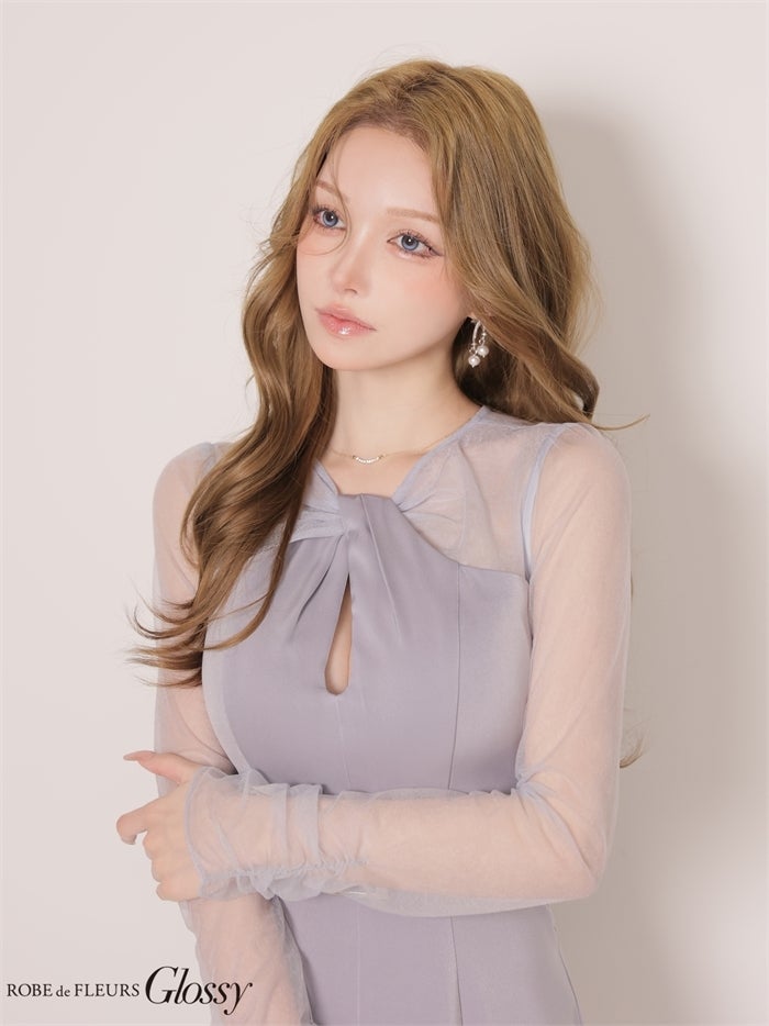 Glossy ローブドフルールグロッシー 【XS～Lサイズあり】チュールショルダーサテンベルトミニキャバドレス gl4197
