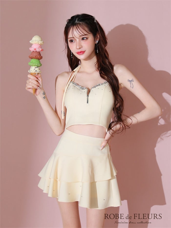 ROBE de FLEURS ローブドフルール アシンメトリーリボンティアードフリルミニキャバドレス fm3777