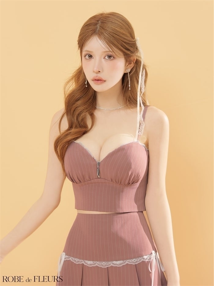  ROBE de FLEURS ローブドフルール 【XSサイズあり】ストライプ柄スカラップレースツーピースフレアミニキャバドレス fm4141