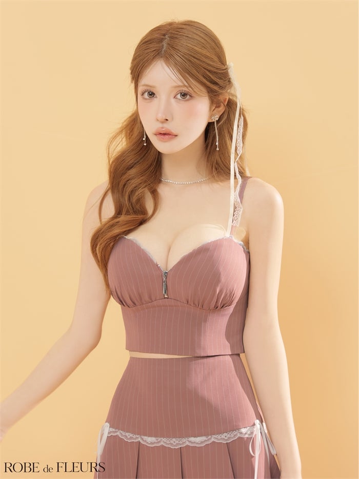  ROBE de FLEURS ローブドフルール 【XSサイズあり】ストライプ柄スカラップレースツーピースフレアミニキャバドレス fm4141