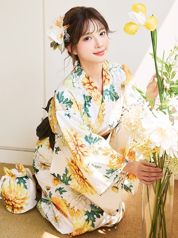 【4点セット】Malymoon マリームーン 淡黄菊ニュアンス2way浴衣 mlyk-26-10332