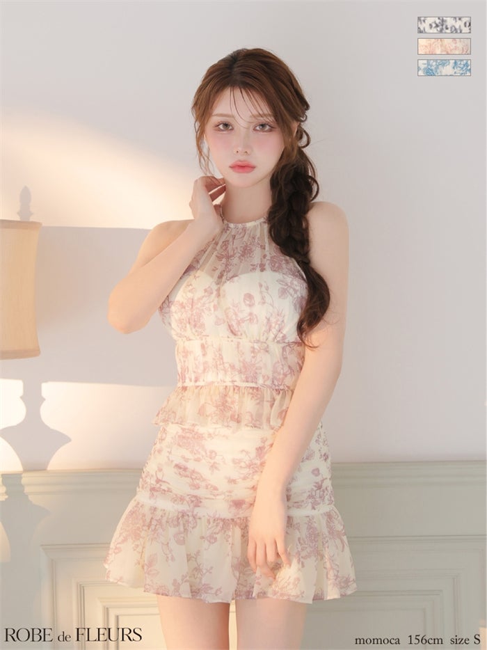 ROBE de FLEURS ローブドフルール 【XSサイズあり】シフォンフラワーホルターネックセットアップミニキャバドレス fm4679-c