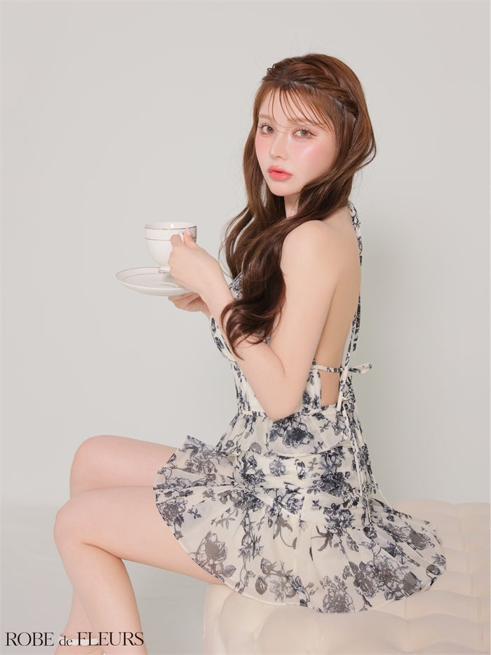 ROBE de FLEURS ローブドフルール 【XSサイズあり】シフォンフラワーホルターネックセットアップミニキャバドレス fm4679-c