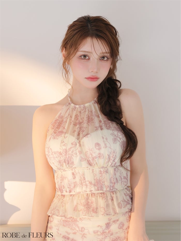 ROBE de FLEURS ローブドフルール 【XSサイズあり】シフォンフラワーホルターネックセットアップミニキャバドレス fm4679-c