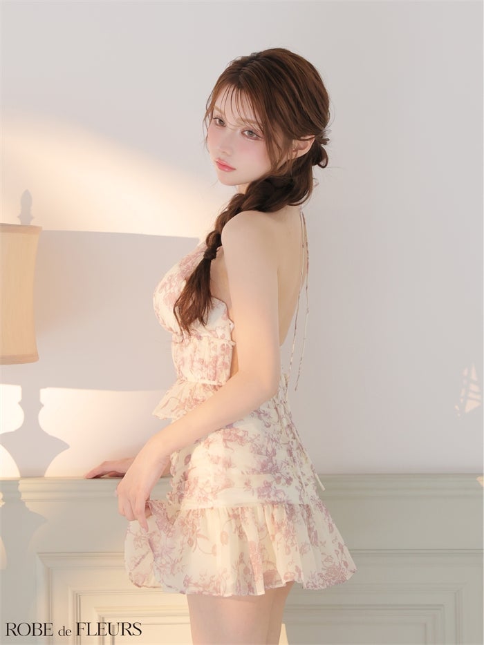 ROBE de FLEURS ローブドフルール 【XSサイズあり】シフォンフラワーホルターネックセットアップミニキャバドレス fm4679-c