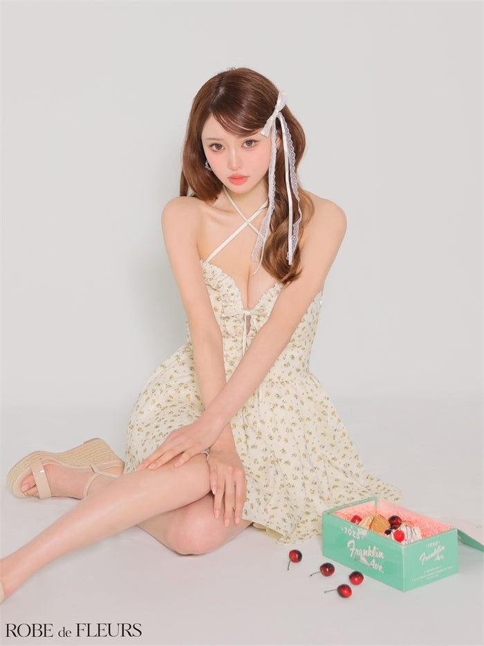 ROBE de FLEURS ローブドフルール 【XS～Lサイズあり】フラワーホルターリボンミニキャバドレス fm4922-c