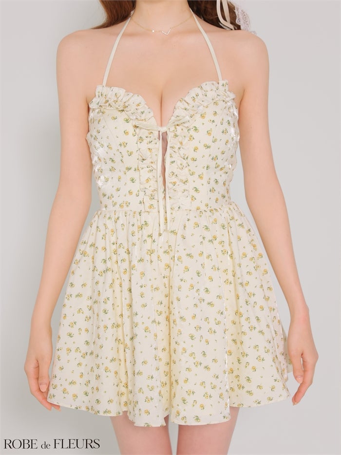 ROBE de FLEURS ローブドフルール 【XS～Lサイズあり】フラワーホルターリボンミニキャバドレス fm4922-c