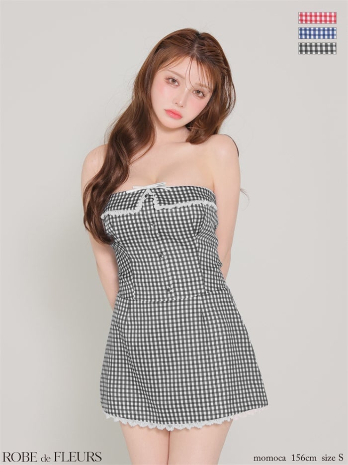 ROBE de FLEURS ローブドフルール 【XSサイズあり】 ギンガムチェックベアリボンセットアップミニキャバドレス fm4372-c