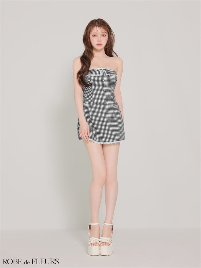 ROBE de FLEURS ローブドフルール 【XSサイズあり】 ギンガムチェックベアリボンセットアップミニキャバドレス fm4372-c