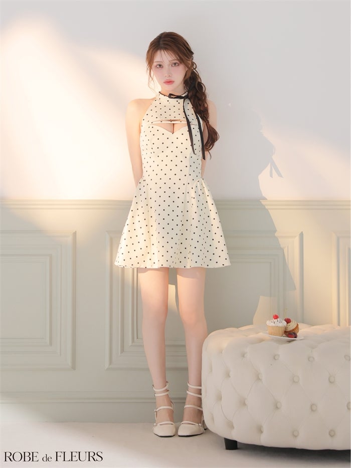 ROBE de FLEURS ローブドフルール 【XSサイズあり】ドットアメスリリボンミニキャバドレス fm4806-c
