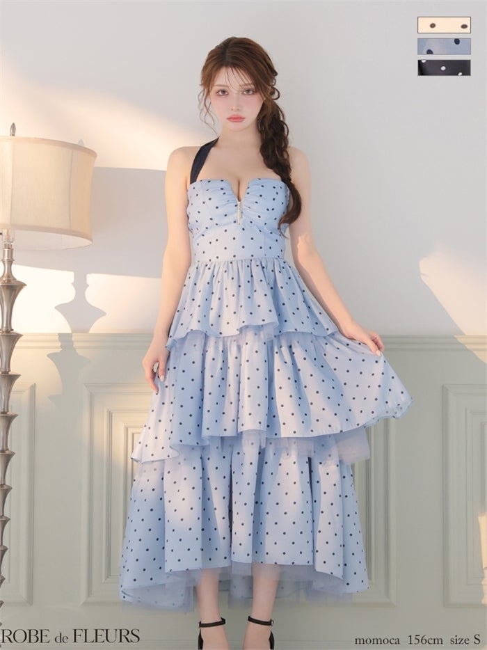  ROBE de FLEURS ローブドフルール 【XS～Lサイズあり】 ドットティアードバックリボンロングキャバドレス fm4914-c