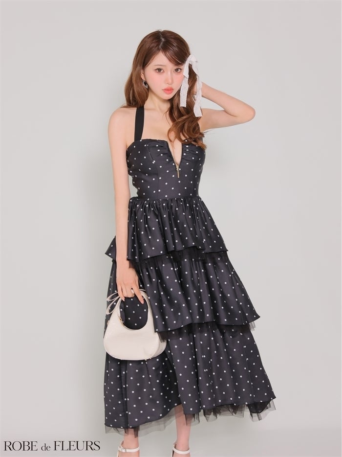 ROBE de FLEURS ローブドフルール 【XS～Lサイズあり】 ドットティアードバックリボンロングキャバドレス fm4914-c