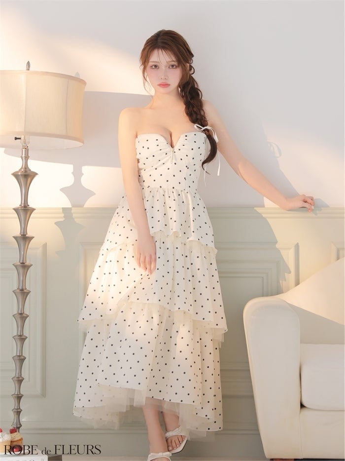 ROBE de FLEURS ローブドフルール 【XS～Lサイズあり】 ドットティアードバックリボンロングキャバドレス fm4914-c