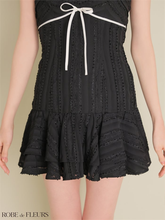 ROBE de FLEURS ローブドフルール 【XSサイズあり】 バイカラーリボンシフォンフレアミニキャバドレス fm5009-c