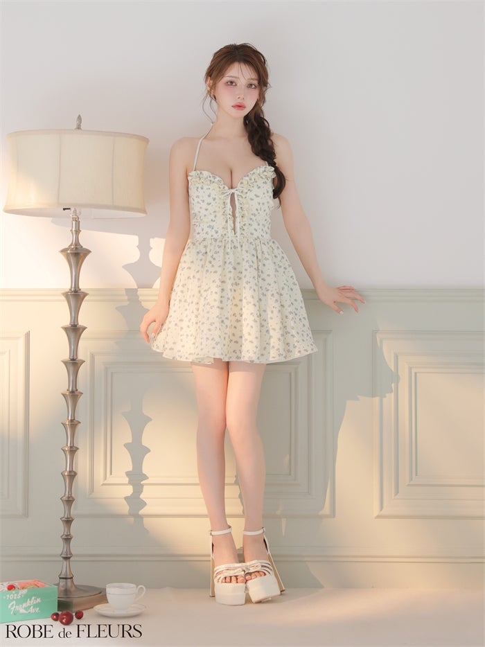 ROBE de FLEURS ローブドフルール 【XS～Lサイズあり】フラワーホルターリボンミニキャバドレス fm4922
