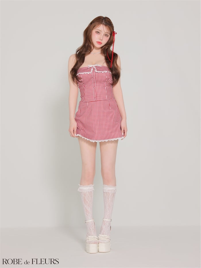 ROBE de FLEURS ローブドフルール 【XSサイズあり】 ギンガムチェックベアリボンセットアップミニキャバドレス fm4372