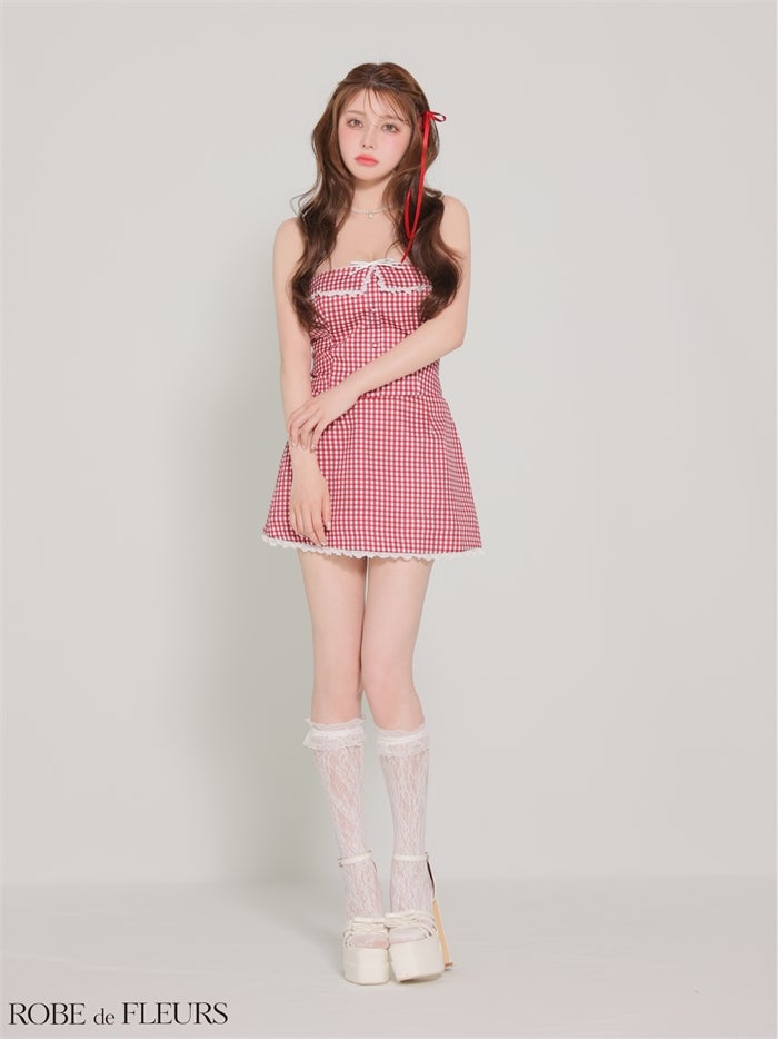 ROBE de FLEURS ローブドフルール 【XSサイズあり】 ギンガムチェックベアリボンセットアップミニキャバドレス fm4372