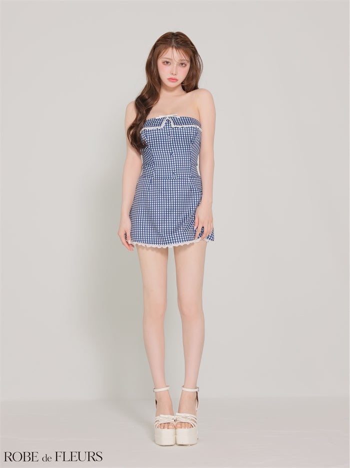 ROBE de FLEURS ローブドフルール 【XSサイズあり】 ギンガムチェックベアリボンセットアップミニキャバドレス fm4372