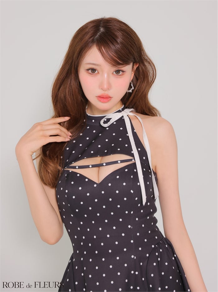 ROBE de FLEURS ローブドフルール 【XSサイズあり】ドットアメスリリボンミニキャバドレス fm4806